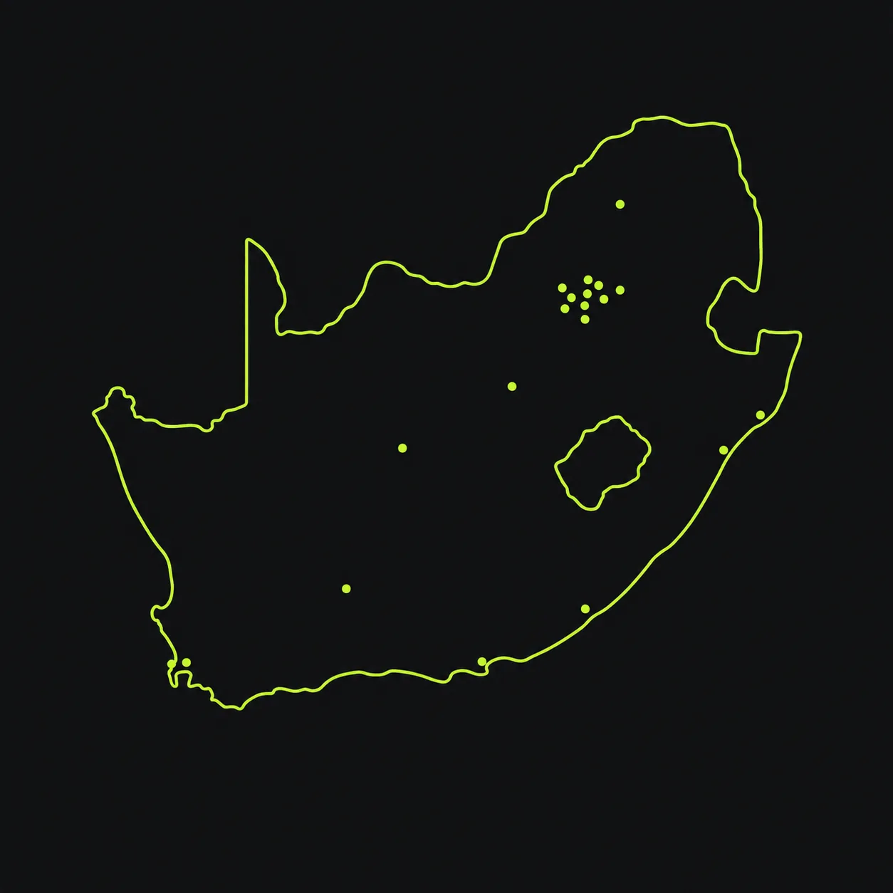 Map of South Africa with FXDE stockist locations marked