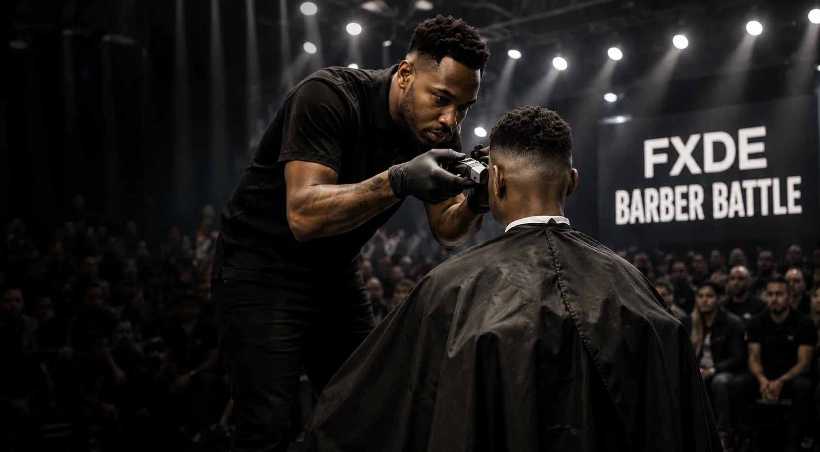 Barber competing live on stage under spotlights